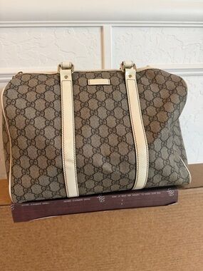 Gucci Beige/Brown GG Supreme Canvas Weekend Bag with Cream Leather Trim